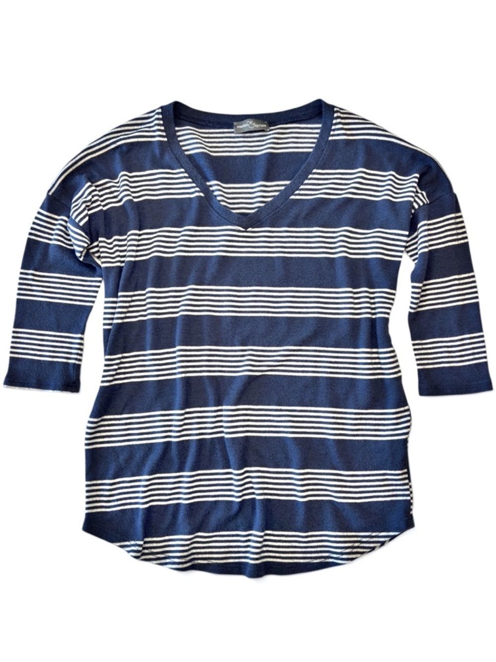 Market & Spruce Navy Striped V-Neck Top Small 3/4 Sleeve Soft Stretch Casual